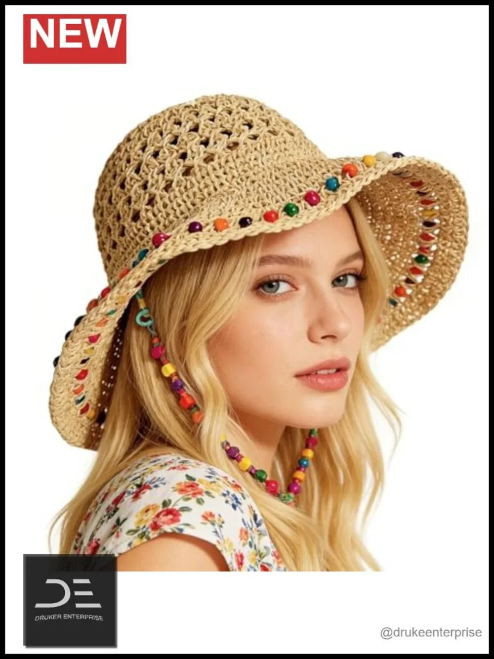 Wide Brim Straw Sun Hat with Rainbow Beaded Strap Packable for Travel